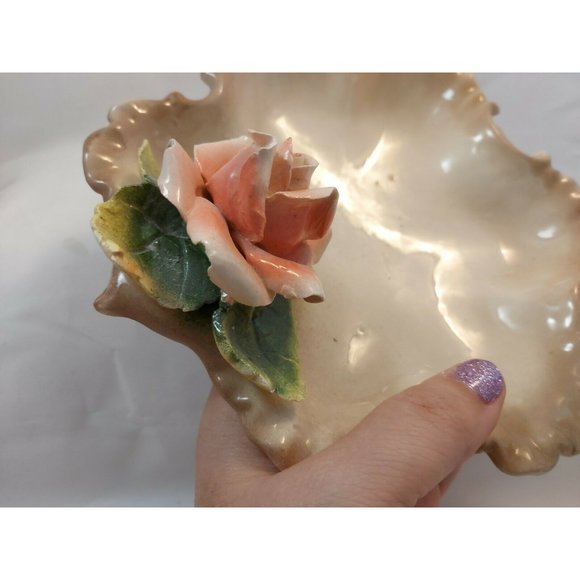 Vintage Porcelain Leaf Shape Dish w/Applied Rose Capodimonte Style 8" - Picture 9 of 10